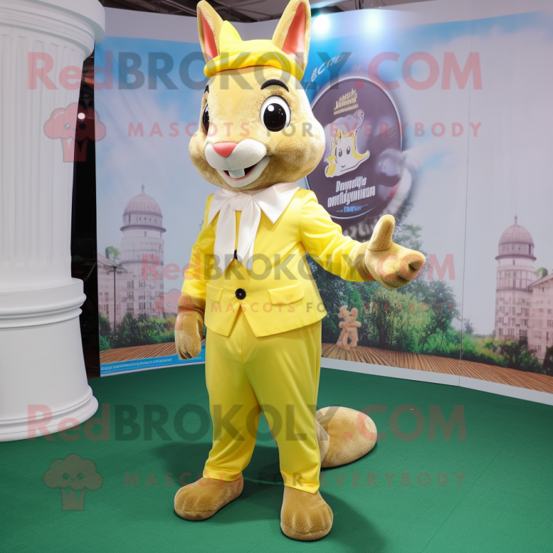 Lemon Yellow Squirrel mascot costume character dressed with a Culottes and Cufflinks