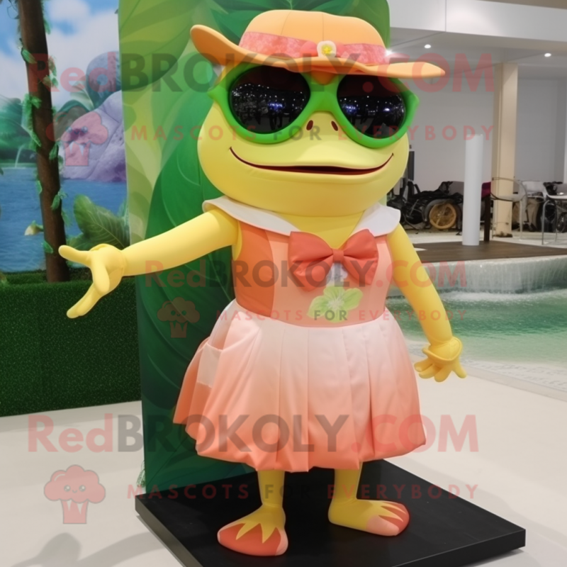 Peach Frog mascot costume character dressed with a Dress and Sunglasses