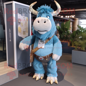 Sky Blue Yak mascot costume character dressed with a Denim Shorts and Foot pads