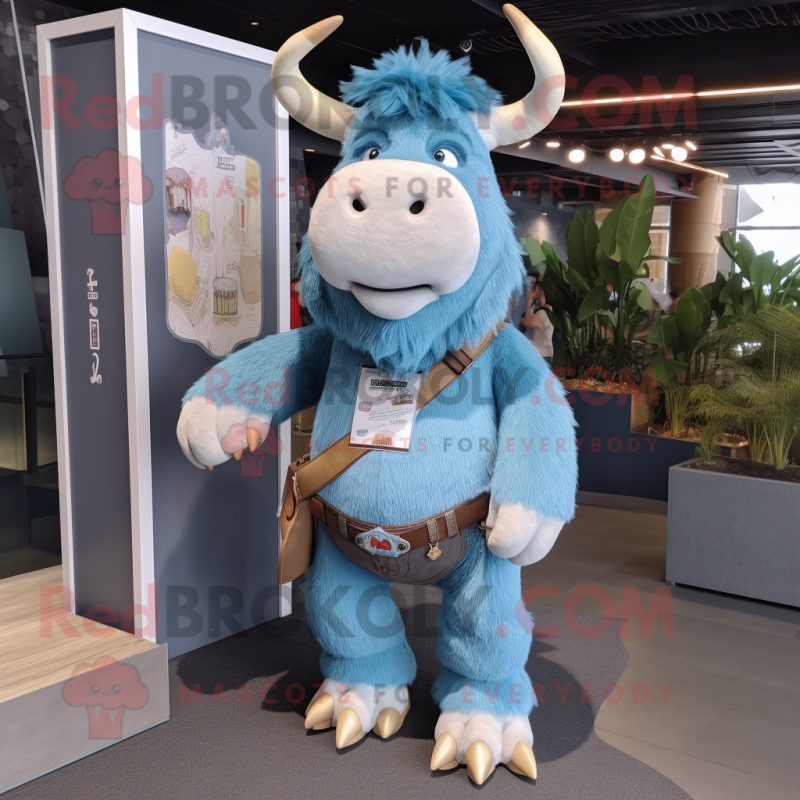 Sky Blue Yak mascot costume character dressed with a Denim Shorts and Foot pads Sky Blue Yak mascot costume character dressed with a Denim Shorts and Foot pads