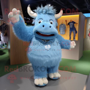 Sky Blue Yak mascot costume character dressed with a Denim Shorts and Foot pads