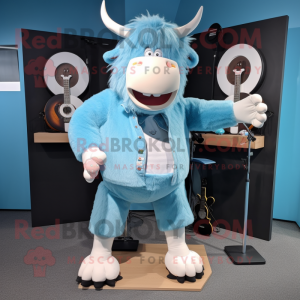 Sky Blue Yak mascot costume character dressed with a Denim Shorts and Foot pads