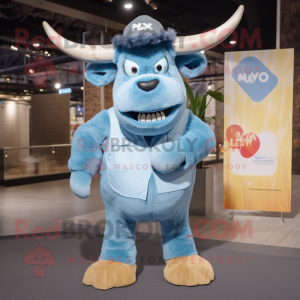 Sky Blue Yak mascot costume character dressed with a Denim Shorts and Foot pads