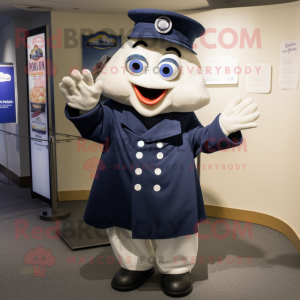 Navy Cod mascot costume character dressed with a A-Line Dress and Hat pins