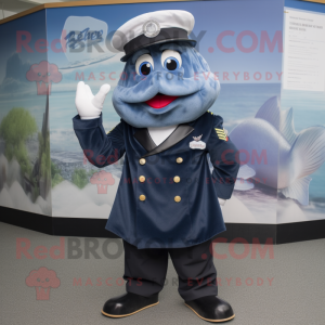 Navy Cod mascot costume character dressed with a A-Line Dress and Hat pins