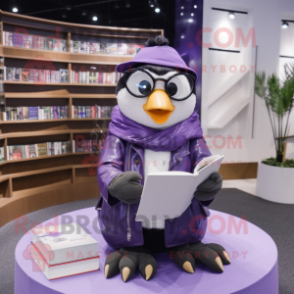 Lavender Penguin mascot costume character dressed with a Leather Jacket and Reading glasses