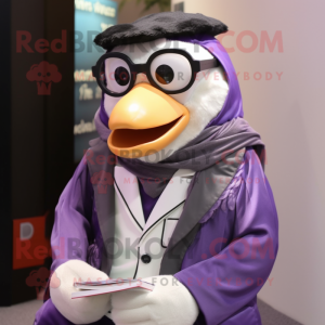 Lavender Penguin mascot costume character dressed with a Leather Jacket and Reading glasses