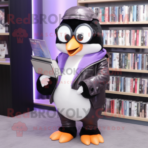 Lavender Penguin mascot costume character dressed with a Leather Jacket and Reading glasses