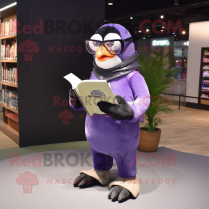 Lavender Penguin mascot costume character dressed with a Leather Jacket and Reading glasses