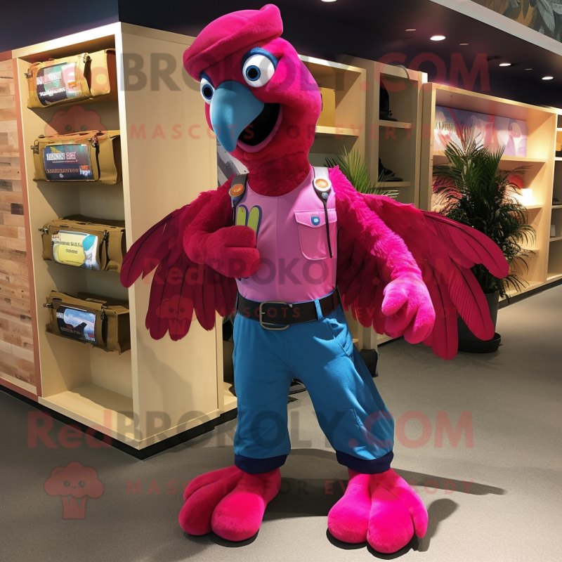 Magenta Macaw mascot costume character dressed with a Cargo Pants and Bow ties Magenta Macaw mascot costume character dressed with a Cargo Pants and Bow ties