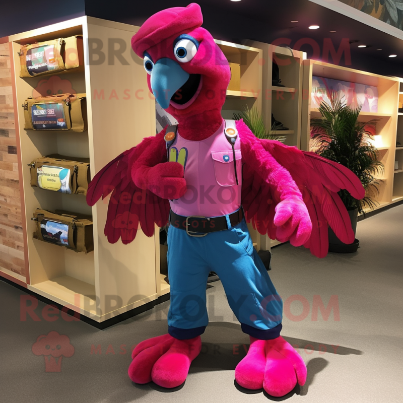 Magenta Macaw mascot costume character dressed with a Cargo Pants and Bow ties