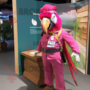 Magenta Macaw mascot costume character dressed with a Cargo Pants and Bow ties