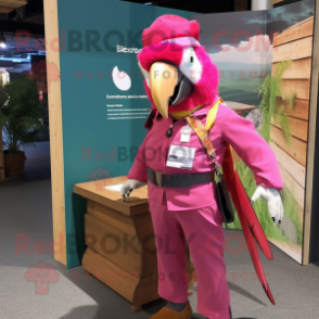 Magenta Macaw mascot costume character dressed with a Cargo Pants and Bow ties