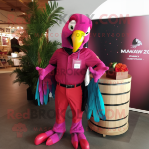 Magenta Macaw mascot costume character dressed with a Cargo Pants and Bow ties