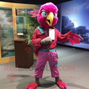 Magenta Macaw mascot costume character dressed with a Cargo Pants and Bow ties