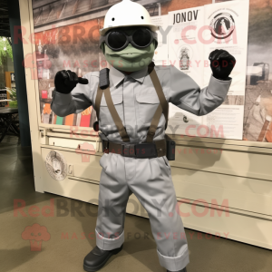 Gray Para Commando mascot costume character dressed with a Oxford Shirt and Suspenders