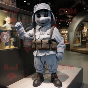 Gray Para Commando mascot costume character dressed with a Oxford Shirt and Suspenders