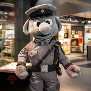 Gray Para Commando mascot costume character dressed with a Oxford Shirt and Suspenders