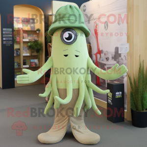 Olive Squid mascot costume character dressed with a Playsuit and Hats