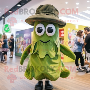 Olive Squid mascot costume character dressed with a Playsuit and Hats