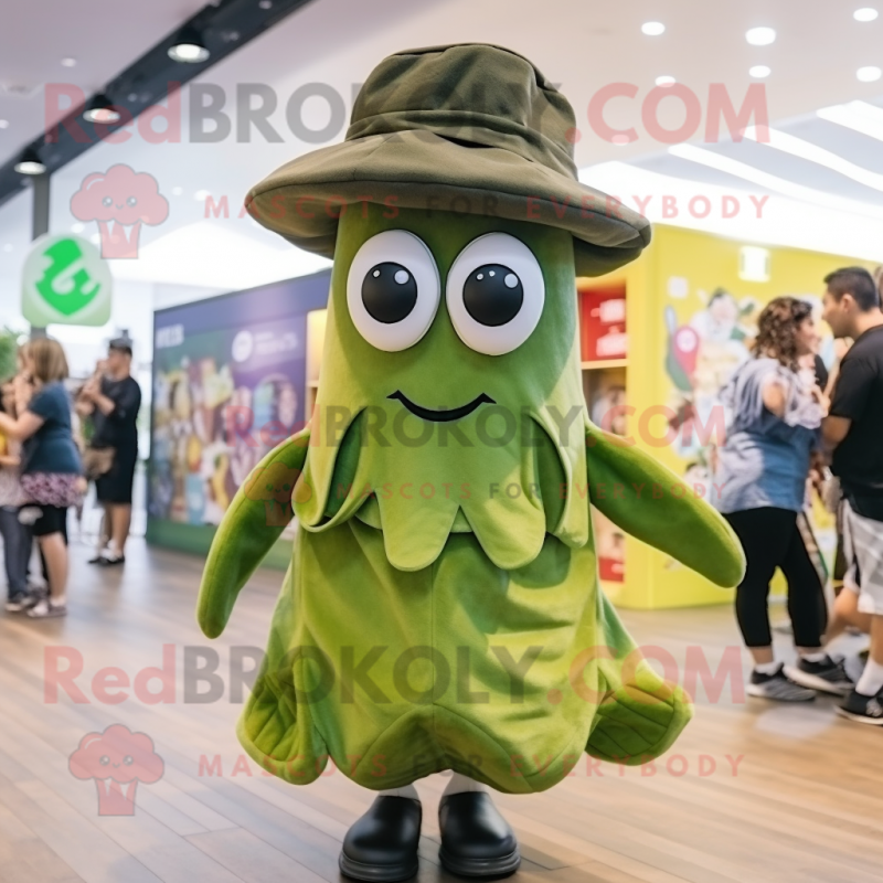 Olive Squid mascot costume character dressed with a Playsuit and Hats