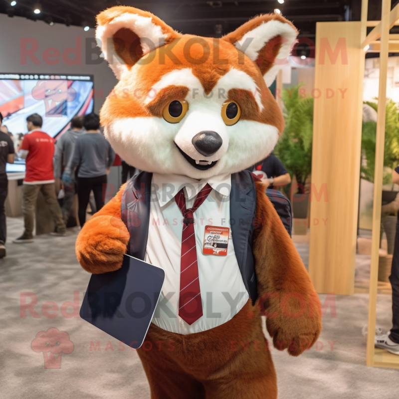 Brown Red Panda mascot costume character dressed with a Suit and Backpacks Brown Red Panda mascot costume character dressed with a Suit and Backpacks