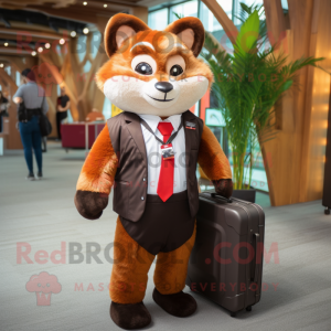Brown Red Panda mascot costume character dressed with a Suit and Backpacks