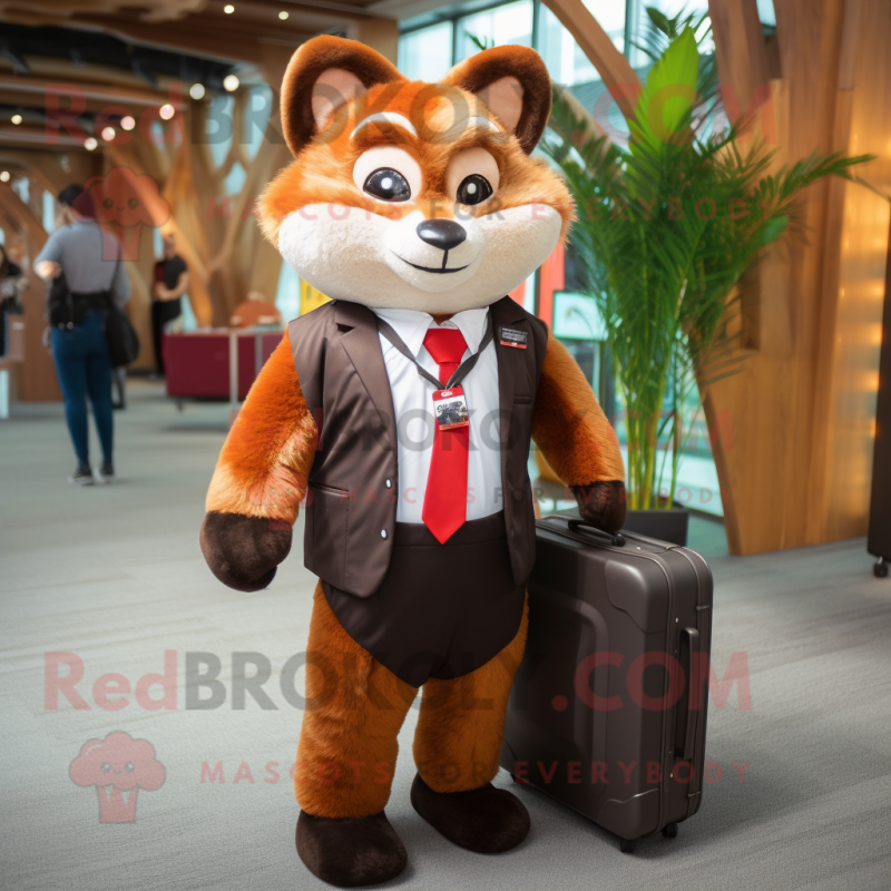Brown Red Panda mascot costume character dressed with a Suit and Backpacks Brown Red Panda mascot costume character dressed with a Suit and Backpacks