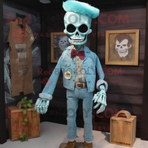 Turquoise Graveyard mascot costume character dressed with a Denim Shirt and Bow ties