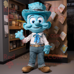 Turquoise Graveyard mascot costume character dressed with a Denim Shirt and Bow ties
