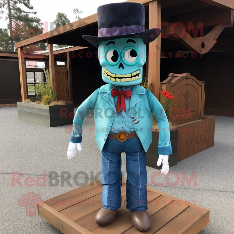 Turquoise Graveyard mascot costume character dressed with a Denim Shirt and Bow ties