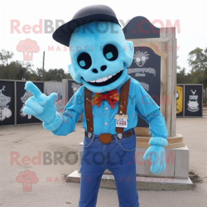 Turquoise Graveyard mascot costume character dressed with a Denim Shirt and Bow ties