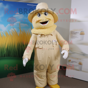 Cream Scarecrow mascot costume character dressed with a Coat and Caps