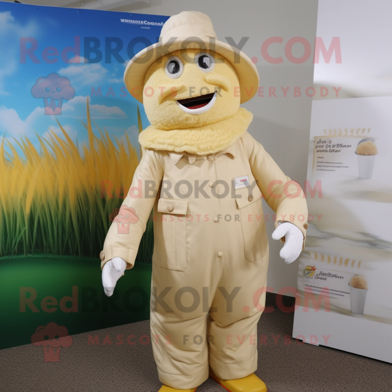 Cream Scarecrow mascot costume character dressed with a Coat and Caps Cream Scarecrow mascot costume character dressed with a Coat and Caps