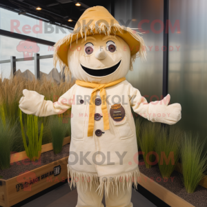 Cream Scarecrow mascot costume character dressed with a Coat and Caps