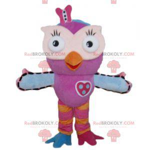 Mascotte gufo rosa e blu molto divertente e colorato -