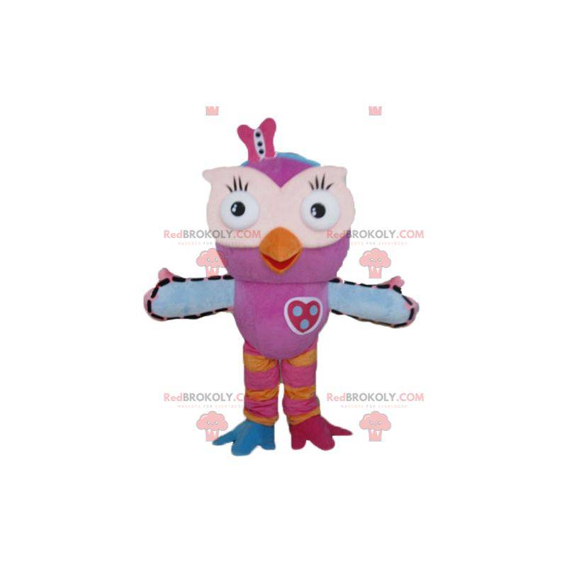 Mascote coruja rosa e azul muito engraçado e colorido -