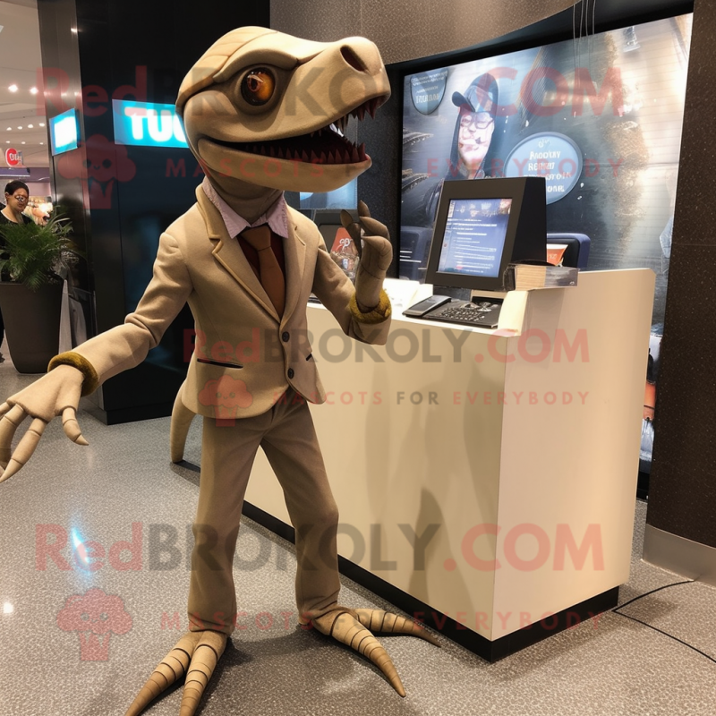 Tan Dimorphodon mascot costume character dressed with a Suit and Rings Tan Dimorphodon mascot costume character dressed with a Suit and Rings