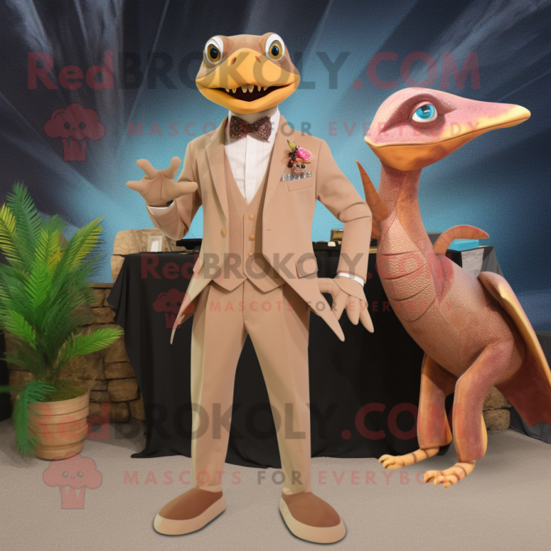 Tan Dimorphodon mascot costume character dressed with a Suit and Rings