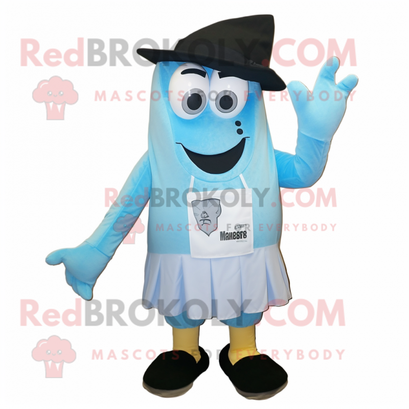 Sky Blue Graveyard mascot costume character dressed with a Bermuda Shorts and Tie pins