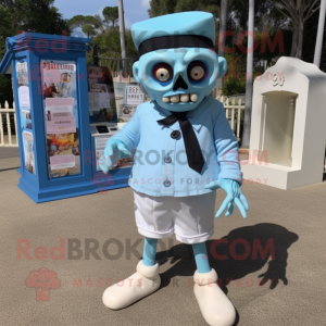 Sky Blue Graveyard mascot costume character dressed with a Bermuda Shorts and Tie pins