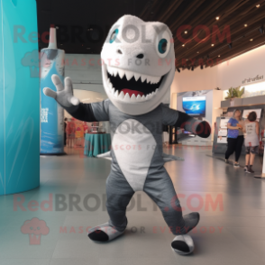 Silver Barracuda mascot costume character dressed with a Bodysuit and Clutch bags