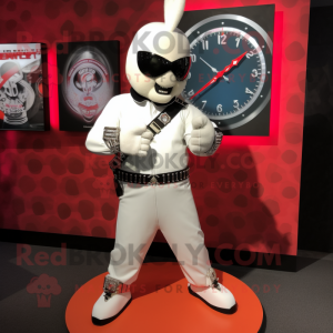White Knife Thrower mascot costume character dressed with a Moto Jacket and Bracelet watches