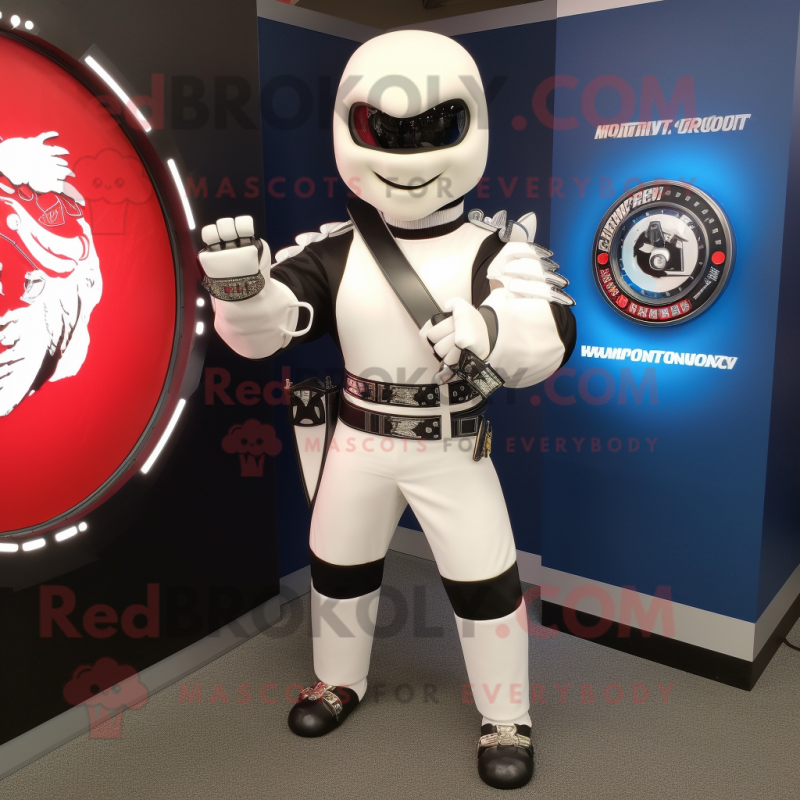 White Knife Thrower mascot costume character dressed with a Moto Jacket and Bracelet watches White Knife Thrower mascot costume character dressed with a Moto Jacket and Bracelet watches