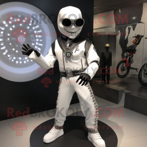 White Knife Thrower mascot costume character dressed with a Moto Jacket and Bracelet watches