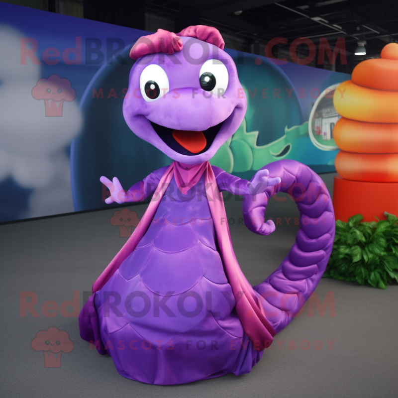 Purple Hydra mascot costume character dressed with a Ball Gown and Headbands