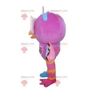Mascotte gufo rosa e blu molto divertente e colorato -