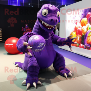 Purple Hydra mascot costume character dressed with a Ball Gown and Headbands