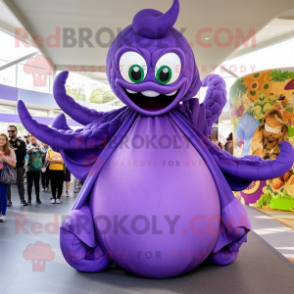 Purple Hydra mascot costume character dressed with a Ball Gown and Headbands