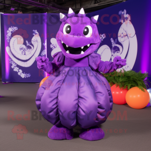 Purple Hydra mascot costume character dressed with a Ball Gown and Headbands